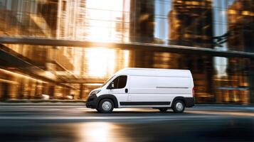 The white delivery van driving through a modern cityscape at sunset. photo