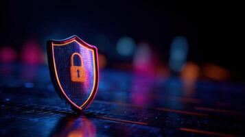 The glowing shield emblem representing cybersecurity and digital protection concepts. photo
