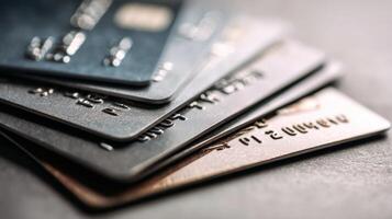 The assortment of various credit cards stacked on a textured surface. photo