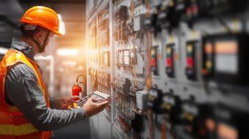The electrician inspecting machinery and control panel in a modern facility. photo