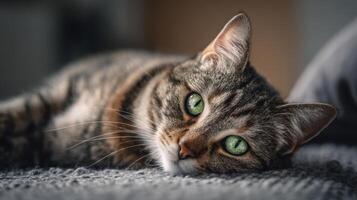 The adorable cat with mesmerizing green eyes laying on a cozy surface. photo