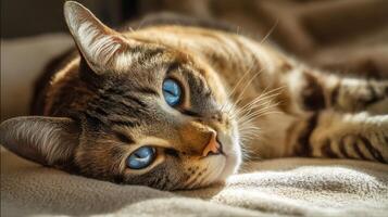 The serene cat lounging in sunlight with captivating blue eyes. photo
