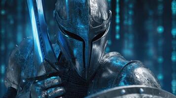 The armored knight brandishing a glowing sword amidst a digital backdrop. photo