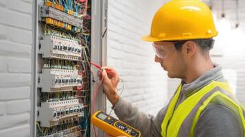The electrician measuring voltage with a multimeter in a control panel. photo