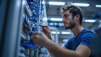 The technician working diligently on a complex network cable system. photo