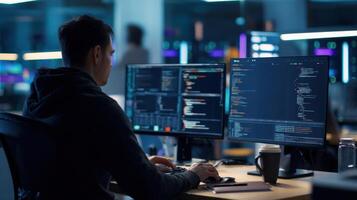The dedicated programmer working late on complex coding projects. photo