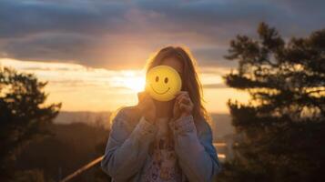 The joyful girl holding a smiley face against a beautiful sunset backdrop. photo