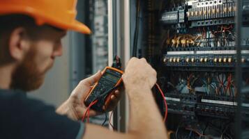 The electrician using a multimeter for electrical testing and panel maintenance. photo