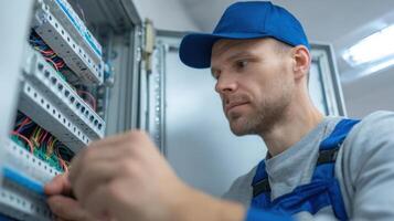 The electrician working diligently on an electrical control panel in a safe environment. photo