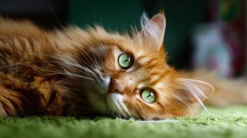 The playful feline enjoying a moment of tranquility on a soft surface. photo