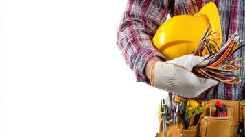 The construction worker holding a yellow helmet and colorful wires in a professional setting photo