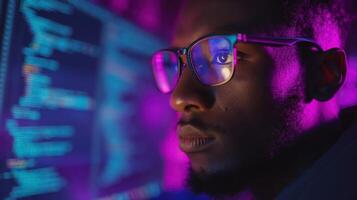 The focused programmer immersed in vibrant digital coding environment. photo