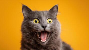 The excited gray cat showcasing its vibrant personality against an orange backdrop. photo