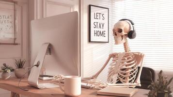 The skeleton working from home at a stylish desk with headphones. photo