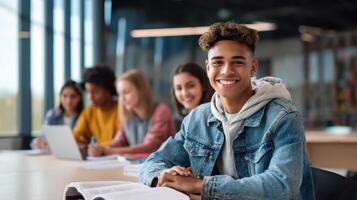 The smiling student enjoying a collaborative learning environment with peers in a modern classroom. photo
