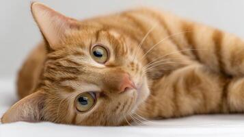 The adorable orange cat resting peacefully on a soft surface. photo