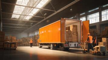 The orange truck loading boxes in a busy warehouse environment. photo