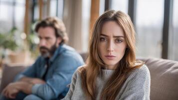 The woman expressing sadness while sitting with an emotionally distant partner. photo