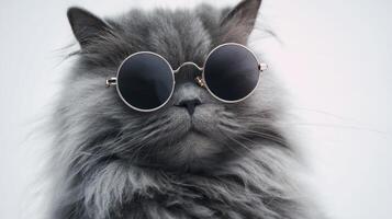 The stylish gray cat wearing sunglasses with an adorable expression. photo