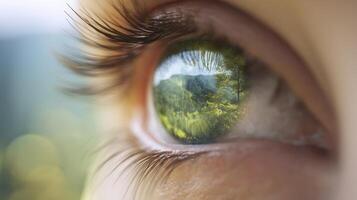 The Eye Reflecting Lush Green Nature in a Serene Landscape Scene photo