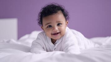The smiling baby in a cozy setting radiating warmth and happiness. photo