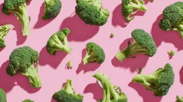 The vibrant broccoli arranged beautifully on a pink background for a fresh look. photo