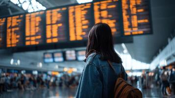 The traveler gazing at the departure board in a bustling airport terminal photo