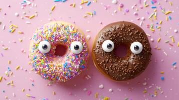 The playful donuts with googly eyes and colorful sprinkles on pink background. photo