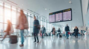 The bustling airport terminal with passengers navigating amidst flight information displays. photo