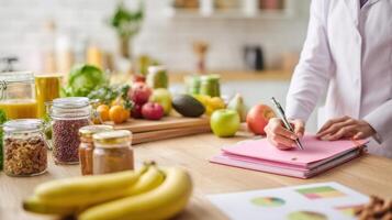 The nutritionist documenting healthy ingredients in a bright kitchen setting. photo