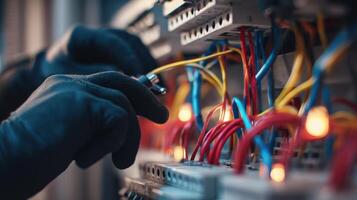 The electrician working with colorful wires in a control panel system. photo