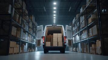 The delivery van parked inside a warehouse filled with stacked packages. photo