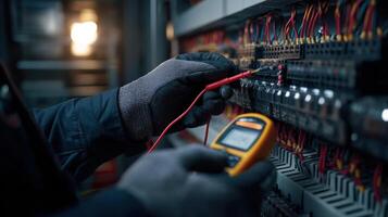 The electrician testing electrical circuits with a multimeter in a control panel. photo
