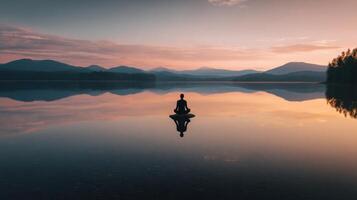 The serene meditation on a tranquil lake at sunrise reflecting mountains. photo