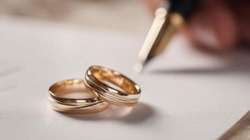 The elegant gold wedding rings resting beside a pen on a document. photo