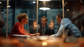 The intense business meeting revealing conflict among professionals in a modern office setting. photo