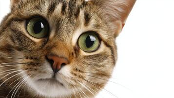 The captivating close-up of a curious tabby cat's expressive face photo