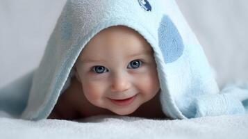 The joyful baby peeking from under a soft blue towel. photo