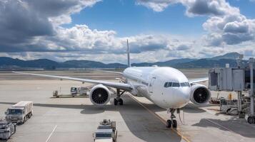 The airplane awaits passengers at the bustling airport under a picturesque sky. photo