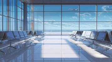 The spacious airport terminal with modern seating and a view of an airplane airborne. photo