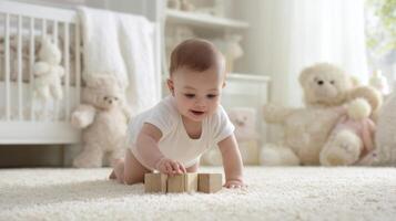 The adorable baby crawling and playing with wooden blocks in a cozy nursery. photo