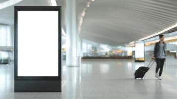 The blank advertising billboard at a modern airport terminal with traveler. photo