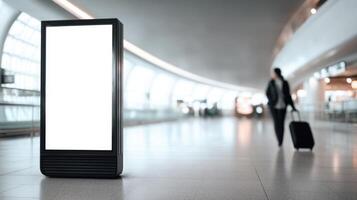 The blank digital display in a busy modern airport terminal. photo