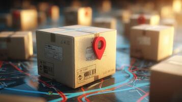 The logistics box with location pin on a digital map in a modern city. photo