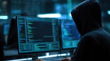 The hacker analyzing code in a dimly lit high-tech workspace. photo