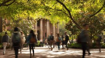 The busy campus scene with students walking under vibrant trees photo