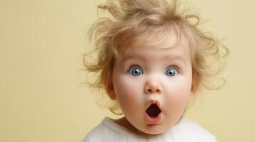 The surprised baby with expressive eyes on a pastel background. photo