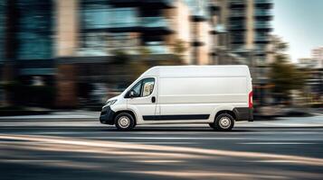 The fast-moving white delivery van cruising through an urban landscape. photo