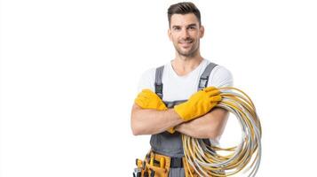 The smiling electrician holding a coil of cables prepared for work. photo
