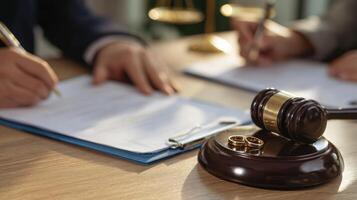 The gavel and wedding rings symbolizing marriage agreements in a legal setting. photo